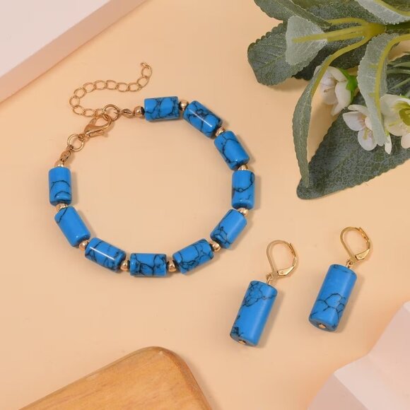 Blue Howlite Bracelet and Lever Back Earrings Set in Goldtone - Picture 3 of 5